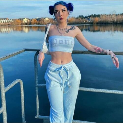 2021 Letter Print Womens Summer Suits High Street Sleeveless Strapless Cropped and Solid Loose Sweatpants Matching Sets Female