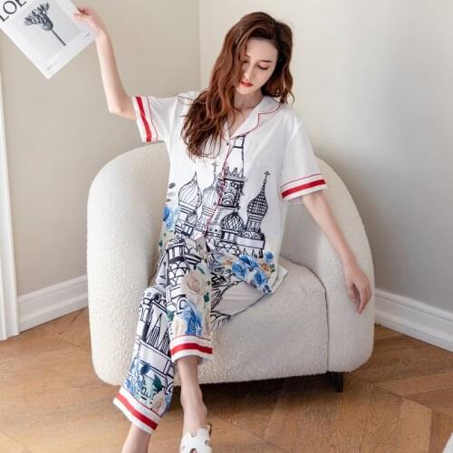 New Summer Women Ice Silk Thin Home Clothing Short-sleeved Cardigan Long Trousers Suit Pajamas Building Print Korean Nightwear