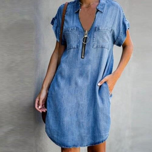 Fashion Spring Elegant Lady Party Dress Summer Women Short Sleeve Jean Mini Dresses Casual Zip V Neck Loose Denim Dress Vestidos