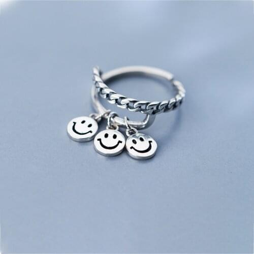 Smiley Smile Face Retro Chain 925 Sterling Silver Adjustable Ring For Women Finger Jewelry Romantic Minimalist Gift