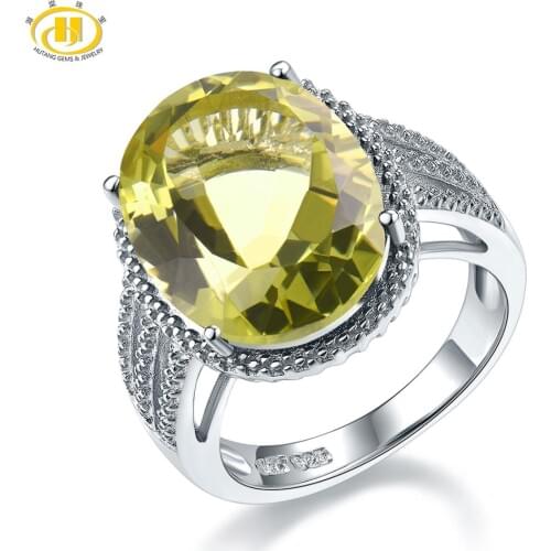 HUTANG 8.58ct Lemon Citrine Womens Wedding Ring Natural Gemstone Solid 925 Sterling Silver Cocktail Rings Fine Jewelry for Gift
