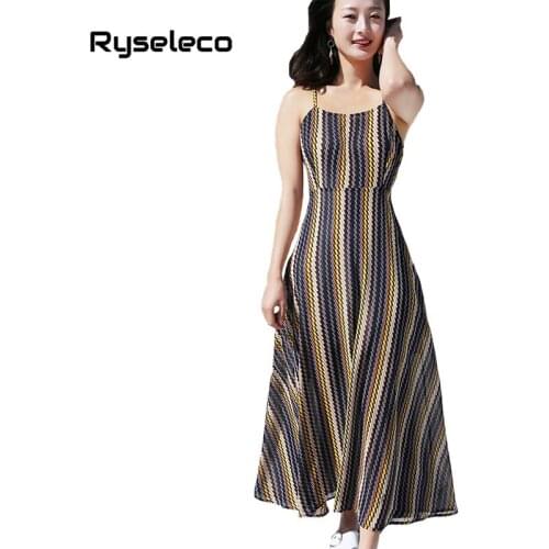 Ryseleco Houndstooth Print Boho Beach Backless Long Chiffon Dress Spaghetti Strap Women Holiday Big Swing Maxi Tank Slip Dresses
