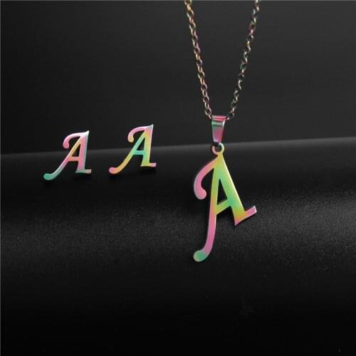 26 Letter Colorful Stainless Steel Jewelry Sets For Women Men Gold Alphabet Initial Chain Pendant Necklace Earrings Kids Gift