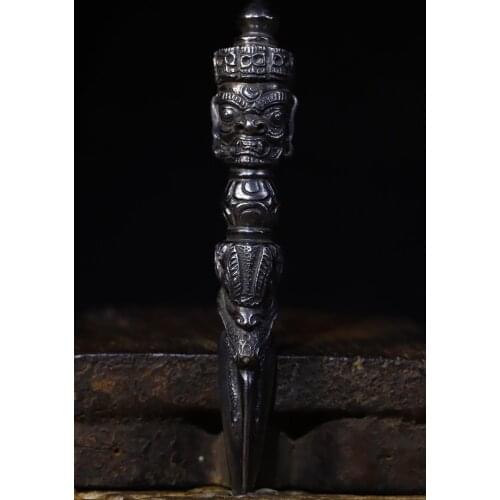 Home Decor 5" Tibet Buddhism Temple Tiantie Mahakala head statue Dorje Vajra Phurba Dagger Holder Dharma