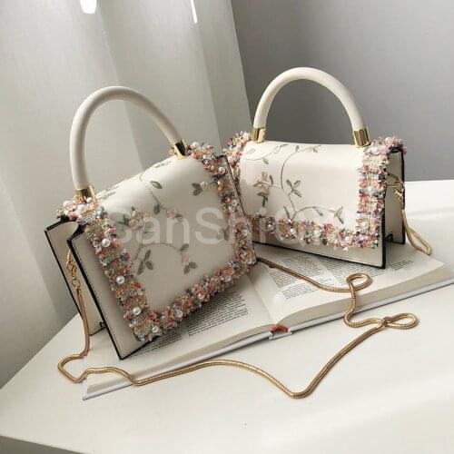 Elegant Female Lace Tote Bag Summer New Quality Leather Womens Designer Handbag Pearl Flower Chain Shoulder Messenger Bags 1225