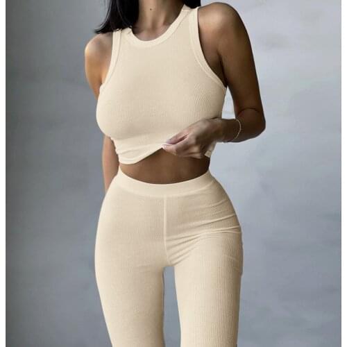 Fitnes Knit Rib Summer Suit Womens Tracksuit Solid Sleeveless Tank Top Leggings Sweatsuit Activewear Sport Outfit Two Piece Set
