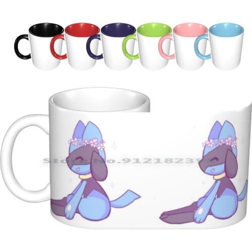Flower Crown Riolu Ceramic Mugs Coffee Cups Milk Tea Mug Riolu Poke Cute Anime Furry Kawaii Flower Crown Lucari Wolf Fox Dog
