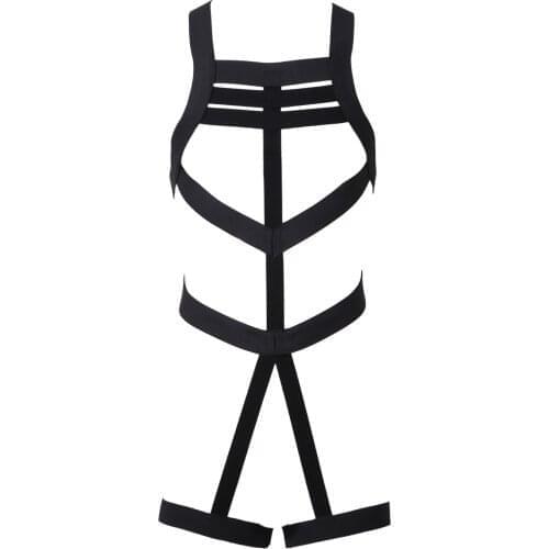 Mens Erotic Bodysuit Elastic Straps Leg Garter Belt Jockstrap Jumpsuit Hollow Out Criss Cross Back Body Shoulder Chest Harness
