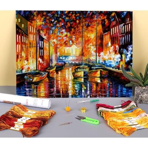 Copenhagens Harbor Printed Fabric 11CT Cross-Stitch Full Kit DIY Embroidery DMC Threads Knitting Handiwork Decor