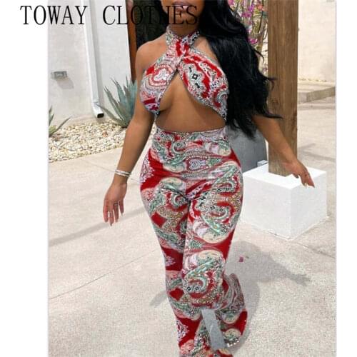Summer Women Sleeveless Paisley Print Halter Wide Leg Jumpsuit