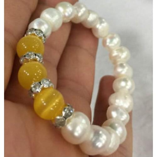 Fashion jewelry New 9-10mm white akoya culture pearl & 10mm yellow opal Elastic Bracelet 7.5"