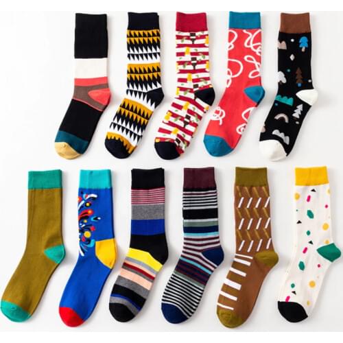 Men Socks Cartoon Christmas Tree Fireworks Geometry Stripe Happy Funny Harajuku Hip Hop Street Style Casual Skate Cotton Socks