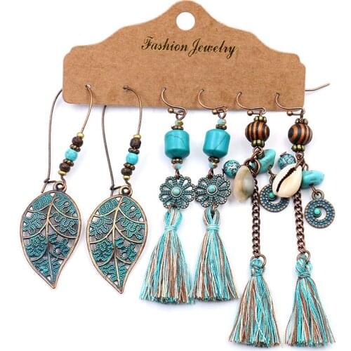 3 Pairs Leaf Shell Tassel Retro Combination Earrings Set Boho Style Love Heart Seashell Earrings Beach Travel Gifts For Women