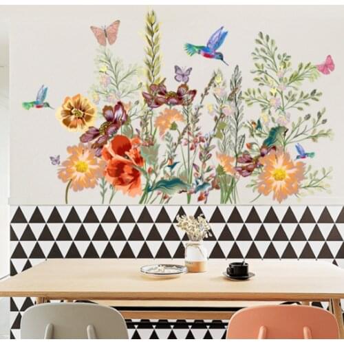 ​Butterfly-Flower Wall Stickers Living Room Bedroom Background Wall Stickers Kingfisher Flowers Wallpaper Bedroom Decorations