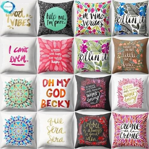 Word Letters Printed Cushion Cover Leaves Floral Polyester Throw Pillow Cover Home Decor Pillow Case for Sofa Room Decorative