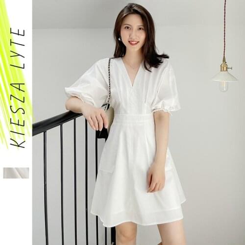 French Minor Bubble Sleeve Dress Summer 2021 New White High Waist V Neck Mini Casual Dresses Outfit