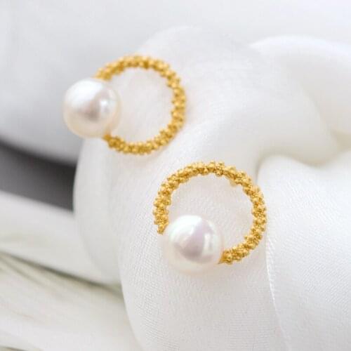 Authentic 925 Sterling Silver Ear Studs Inlaid 9mm Natural Freshwater Pearl 18K Gold Plated Earrings Lady Trendy Jewelry Gift