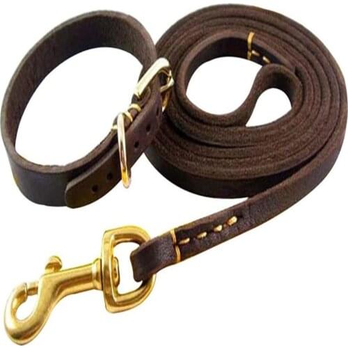 1.6 m Braided Genuine Leather Dog Leash and Collar Dog Lead Pet Leather Lead with Chain Martingale Dog Leash for Pet dogs