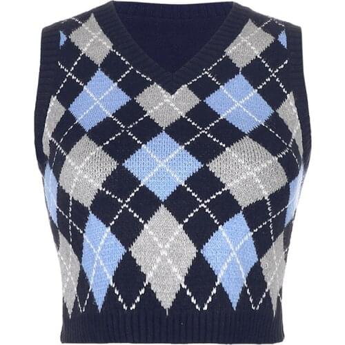 Blue Argyle Knitted Short Sweater Vest Women Cottagecore V Neck Acrylic Thin Sweater Vest 2021 Spring Autumn New Plus Size Red