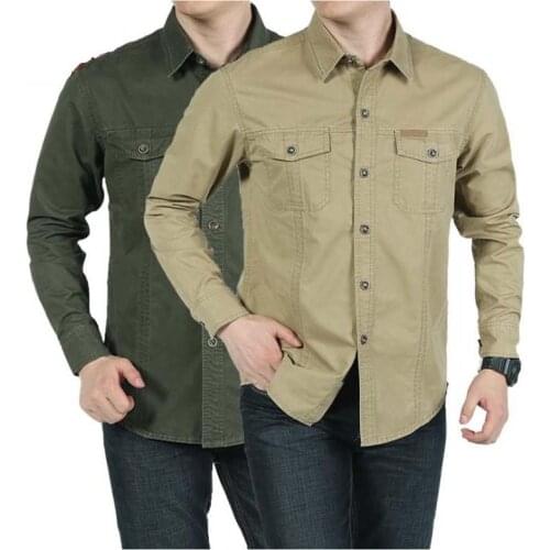 Military Style Mens Shirt Loose Leisure Cotton Pure Color Shirts Big Size Tops Man wear Clothes Black/Army Green/Khaki M-5XL