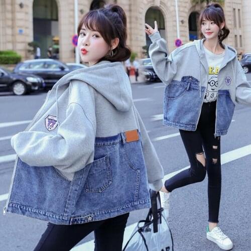 2021 Jacket Denim Fashion Loose Real Shot For Women Splicing 2 Colors Hooded Free Shipping