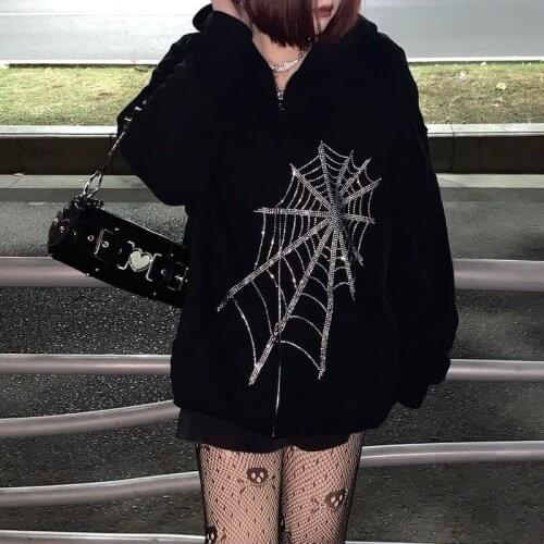 Gothic Black Rhinestone Punk Hooded Women Fairy Dark Academia Jacket Coat Harajuku Zipper Sweatshirts Emo Alt Clothing