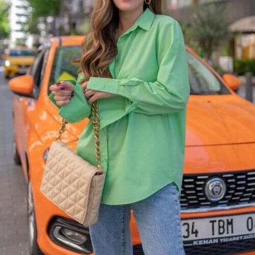 Women Shirt Casual Loose Green Blouse Vintage Long Sleeve Button Shirts Female Oversized Irregular Tops Turn Down Collar Blusas