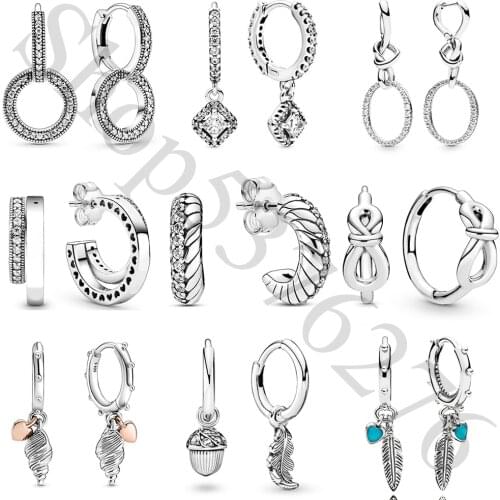 925 Sterling Silver Sparkling Pavé Double Square Knot Heart Fashion Stud Earrings For Pandora Women Bead Charm Gift DIY Jewelry