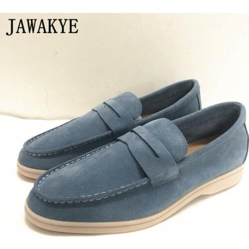 Nude Suede Real Leather Flat Shoes for Women Comfortable Round Toe Slip On Causal Shoes Woman Open Walk Loafer Penny Shoes