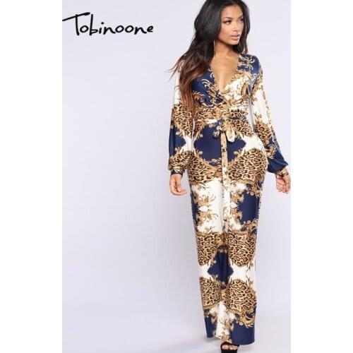 Tobinoone 2020 Autumn Sexy Bodycon Jumpsuit Women Wide Leg Elegant Vintage Print Casual Romper Woman V Neck Jumpsuits Overalls