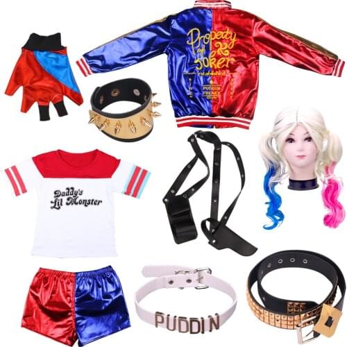 Harley costume quinn cosplay girl wig shirt bat kids adult suit Women Tops Accessories Arkham Shelter City Clown Movie disguise
