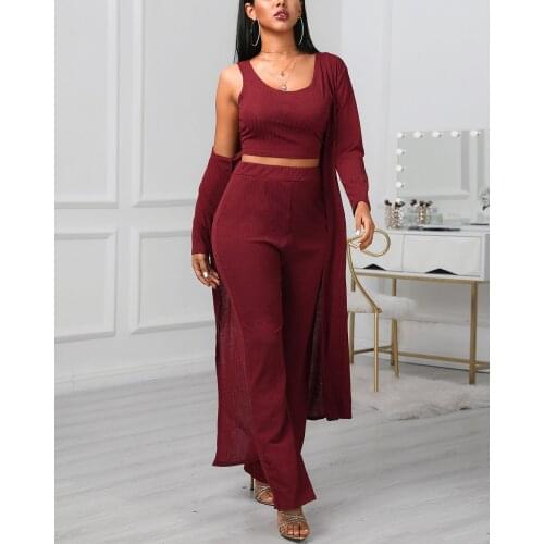 Women Solid Ribbed Tank & Longline Coat & Wide Leg Pants Sets 3 Piece Set Women Long Sleeve Top And Bottom Summer Autumn Sets