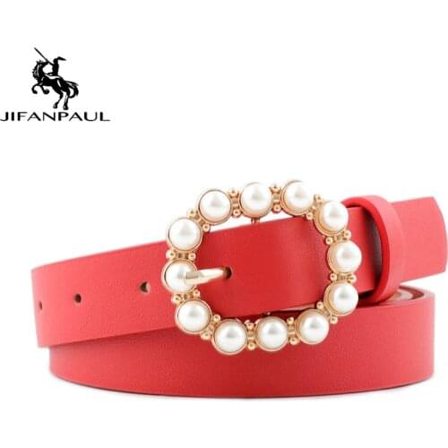 JIFANPAUL Pearl Decorative Belt Womens Fashion Round Pin Buckle Pearl Belts Womensl Solid Leather Thin Belt free shipping