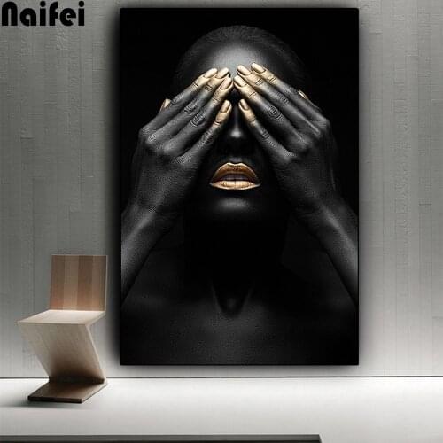 Black Hand and Gold Lip Nude Woman diamond Painting full square/round diamond embroidery African Art Picture for Living Room