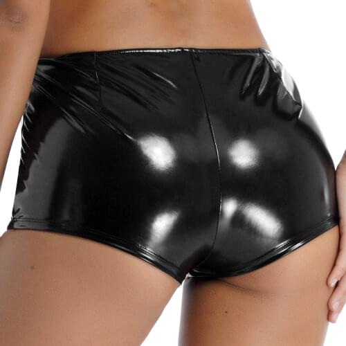 Womens Lingerie Hot Sexy Cutout Front Patent Leather Boxer Brief Boyshorts Rivet Wet Look Boxers Shorts Hollow Out Hot Pants