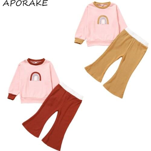 2021 1-6Y Kids Baby Girl Clothing Fall Sweet Rainbow Patch Long Sleeve Top T-shirt+Solid Flare Pants Casual Outfits 2pcs Set