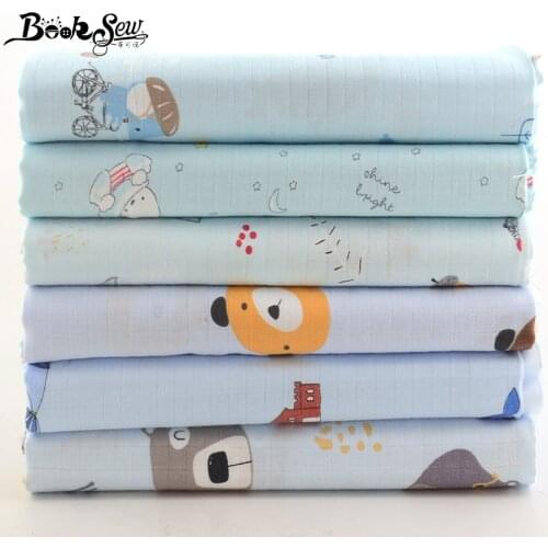 Booksew Sky Blue Cartoon Series Print Towel Double Plaid Cotton Soft Skin-Friendly Gauze Fabric For Sewing Baby Dress Per Yard