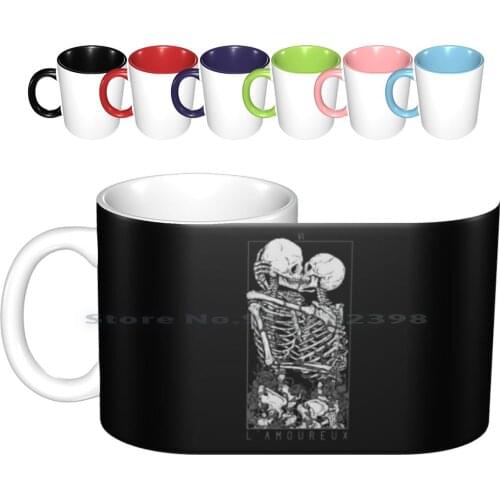 The Lovers Ceramic Mugs Coffee Cups Milk Tea Mug Love Tarot Skull Flower Skeleton Couple Death Occult Dead Kiss Creative