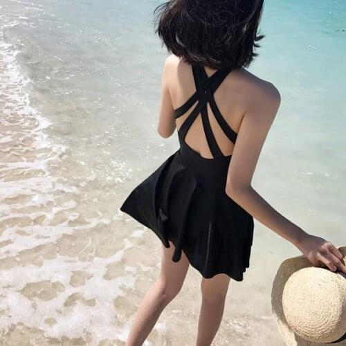 Black large size swimsuit for women fat conservative one-piece skirt flat Angle to show thin cover belly hot spring swimsuit