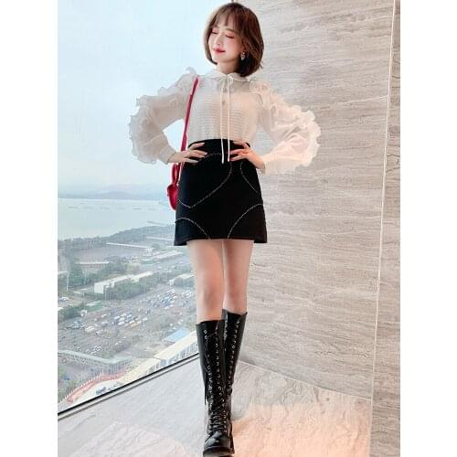 Lapel, bow tie, diamond, breasted and stitched lace shirt 2021 Spring new High Quality Top Quality