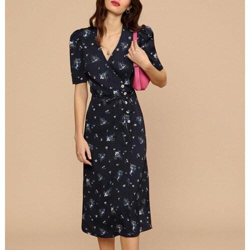 Summer Women Slim V-Neck Sexy Split Floral Print Maxi Dress Female High Street Elegant Dresses Ladies Casual Beach Dress ML083