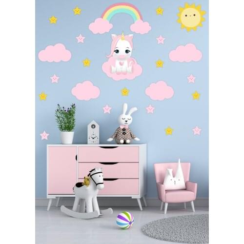 45 X130 CM Cute Unicorn 2 Stars Pink Clouds Kids Room Sticker For Children Quality Pleasing Appearance Convenient 2021 Trend
