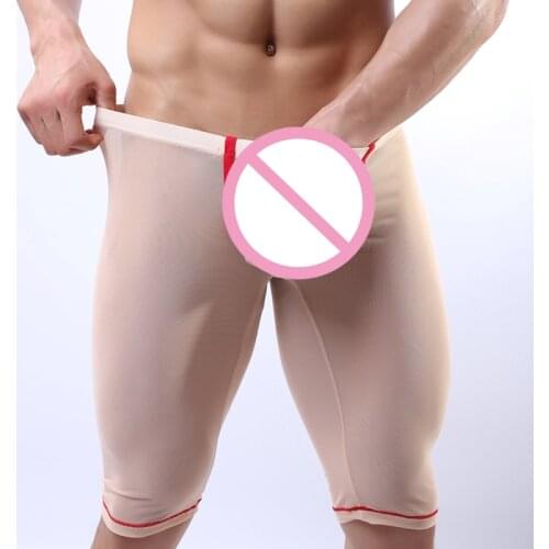 Mens Long Boxer Shorts Sexy See-through Mesh Gay Underwear Mens Thin Translucent Home Half-length Panties Men Sleeping Leggings