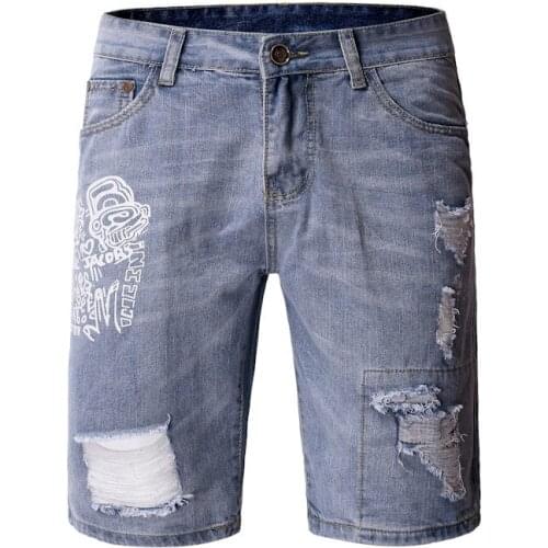 Denim shorts men casual fashion high quality brand Hip hop ripped denim shorts male summer printed jeans men