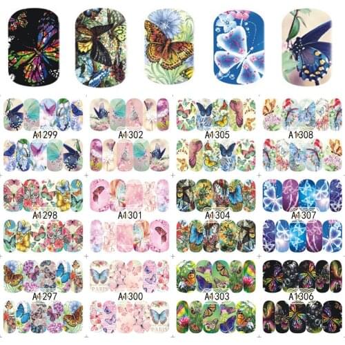 12 Designs/Sheet Colorful Butterfly Full Cover Water Transfer Decals Nail Art Manicure DIY Sticker Fingernail Wraps