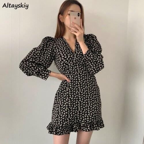 Floral Dresses Women Mini Korean Style Chic Trendy Popular Leisure Slim Brisk Temperament Ulzzang V-neck Teenagers Summer Girls