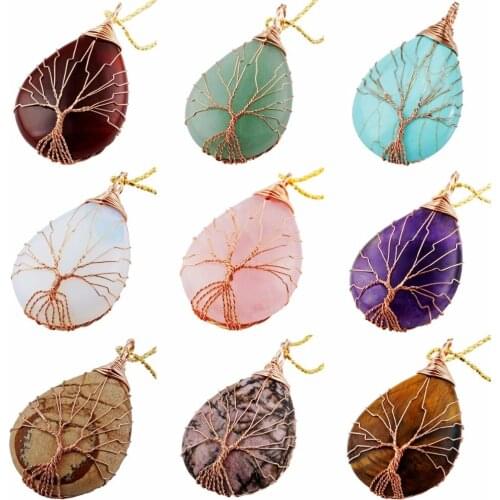 TUMBEELLUWA Tree of Life Pendant Handmade Copper Wire Wrapped Teardrop Stone Healing Chakra Jewelry