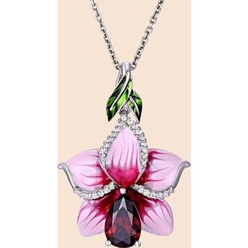 Luxury Red Crystal Flower Enamel Jewelry Women Red Stone Handmade Enamel Necklaces for Women Boho Water Drop Pear Shape Jewelry