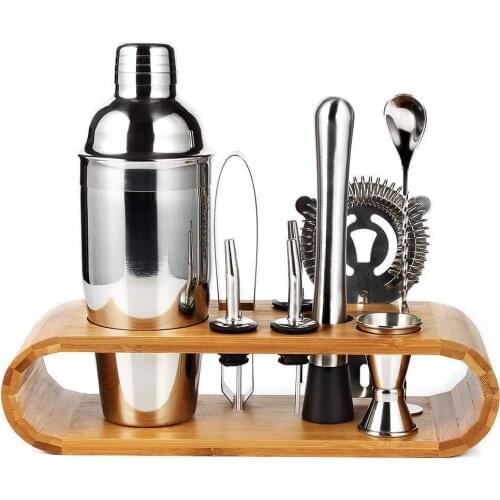 Stainless steel cocktail shaker and cocktail shaker set of 9 pieces mixing kit with bamboo base storage