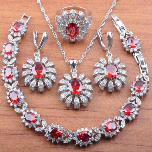 Shining Red Cubic Zirconia Silver Color Jewelry Set Bridal jewelry Women Earrings Necklace Pendant Rings Bracelet JS091